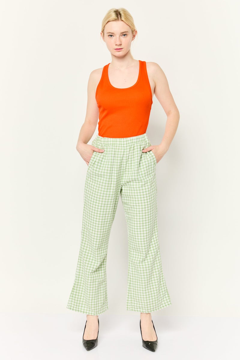 Women Regular Fit Gingham Pattern Wide Leg Pants, Green