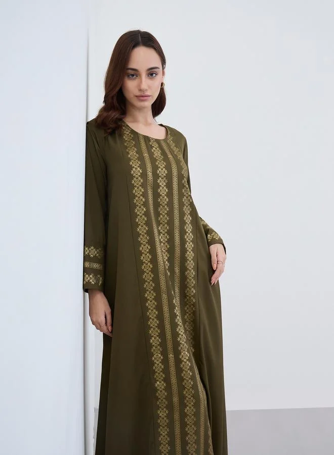 Amirah Women Olive Gold Foil Print Jalabiya