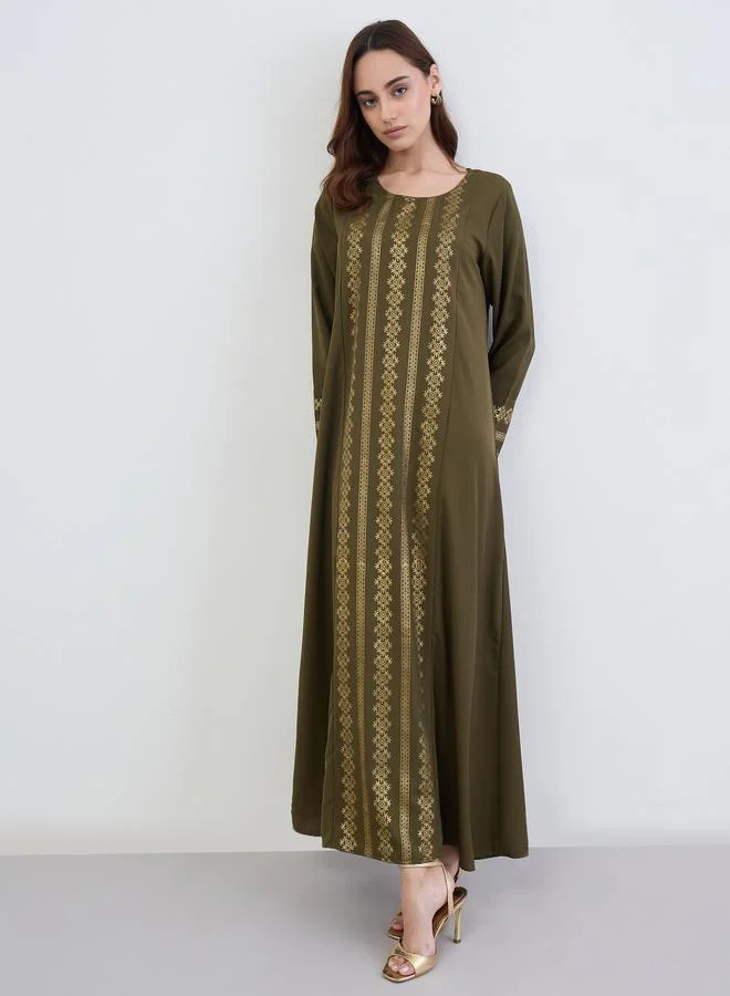 Amirah Women Olive Gold Foil Print Jalabiya