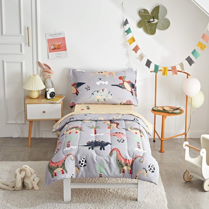 4 PIECE GRAY DINOSAURS TODDLER BEDDING SET WITH COLORFUL DINOS BOYS BED COMFORTER SHEET SET