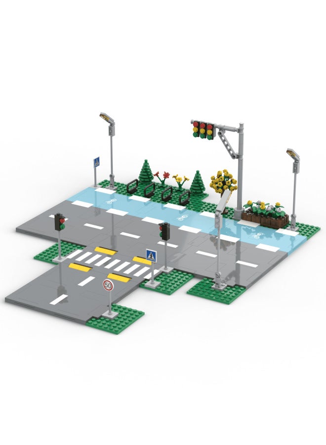 MOC Small Particle Building Blocks City Road Floor T-shaped Road Car Lane Bicycle Lane Landscape Supplement Expansion Package-Color:Road Straight Splicing Combination Belt Decoration  - Image 3