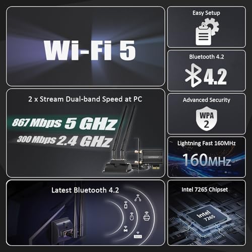 GLOTRENDS WiFi 5 PCIe Card with 2-Meter Extension Antenna for Desktop PC, Intel 7265 Chip, 802.11ac, Bluetooth 4.2, Support Windows 11/10/7/Linux, Support Intel/AMD Motherboard - Image 3