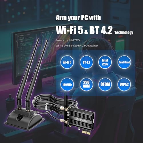 GLOTRENDS WiFi 5 PCIe Card with 2-Meter Extension Antenna for Desktop PC, Intel 7265 Chip, 802.11ac, Bluetooth 4.2, Support Windows 11/10/7/Linux, Support Intel/AMD Motherboard - Image 2