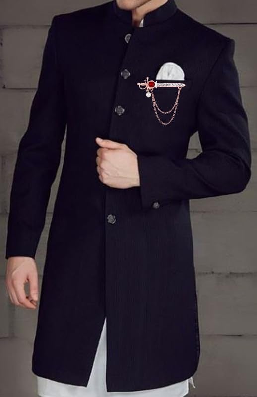 Mahi Dual Layered Chain Sword-Shaped Wedding Brooch with Red & White Crystals for Men (BP1101160ZRed) - Image 2