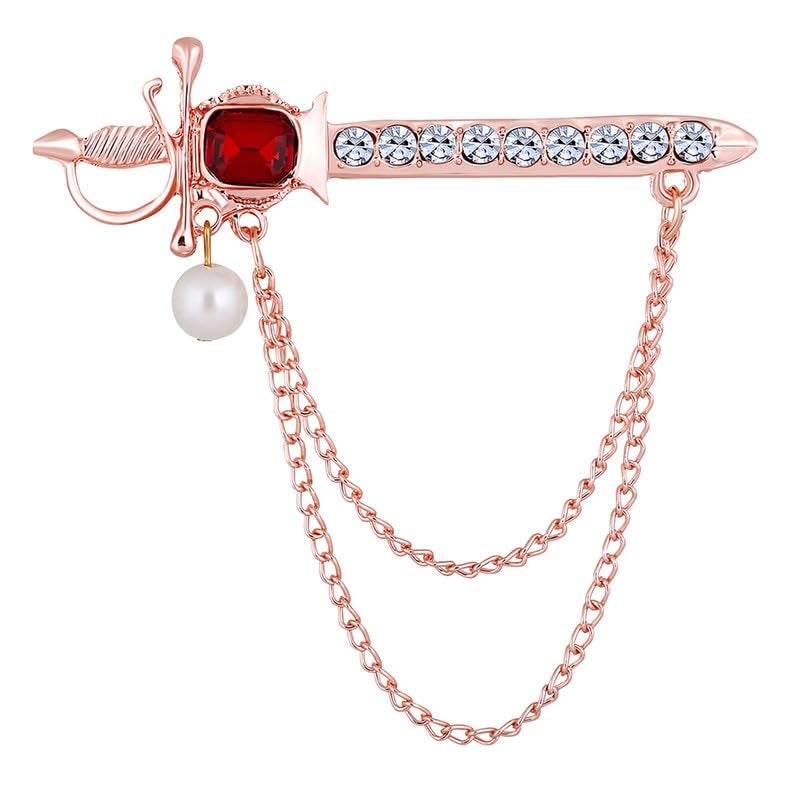 Mahi Dual Layered Chain Sword-Shaped Wedding Brooch with Red & White Crystals for Men (BP1101160ZRed) - Image 1
