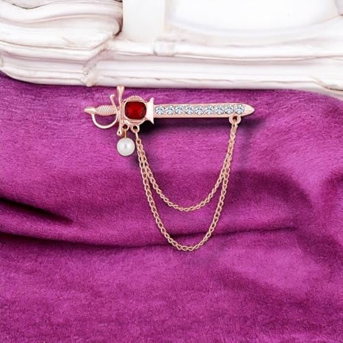 Mahi Dual Layered Chain Sword-Shaped Wedding Brooch with Red & White Crystals for Men (BP1101160ZRed) - Image 3