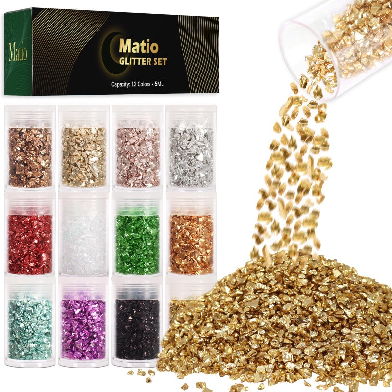 Matio 12 Colors Crushed Glass Irregular Glitter, 4.23oz/ 120g Crushed Broken Glass Sprinkle Chips for Resin Epoxy Jewelry DIY,Shattered Crystal Flakes Sequins for Nail Art Decor Phone Case Vase Filler - Image 1