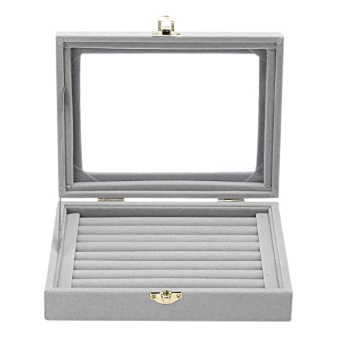 Sulfar Velvet Glass Ring Display Box | Jewelry Holder Organizer Case, Grey Ring Storage for Rings, Earrings, Necklaces | Elegant Gift for Her - Image 1