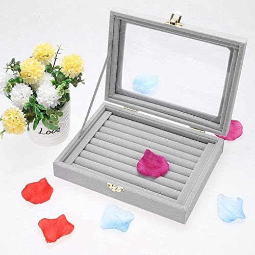Sulfar Velvet Glass Ring Display Box | Jewelry Holder Organizer Case, Grey Ring Storage for Rings, Earrings, Necklaces | Elegant Gift for Her - Image 4