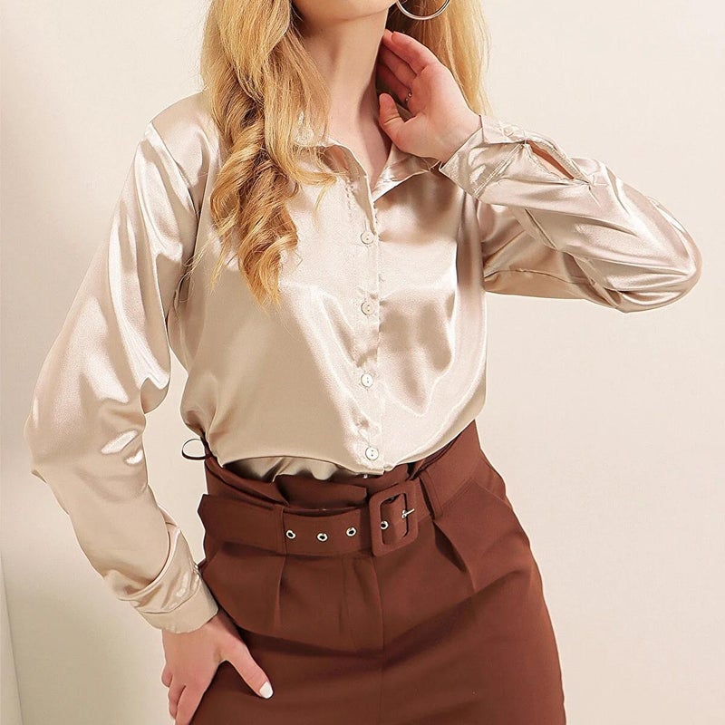 French Style Satin Silk Womens Blouse Spring Summer Dark blue - Image 4