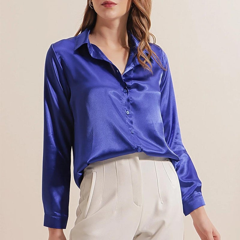 French Style Satin Silk Womens Blouse Spring Summer Dark blue - Image 1