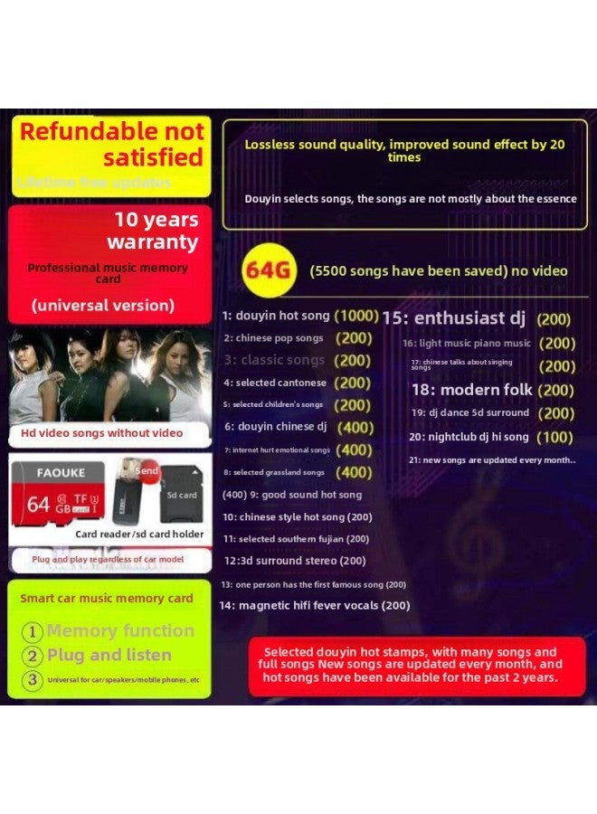 Small Audio Memory Song Card Memory Storage Cassette Song Car Music Memory Card High Quality Song Phone-Color:Package Six 64/g=5500 Songs 【popular + + Classic + Dj + Various Types】-Capacity:Standard