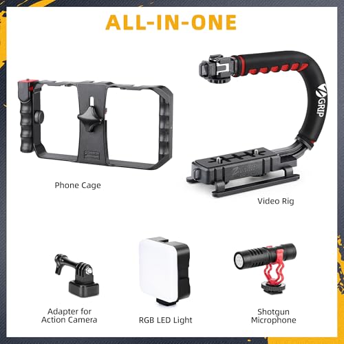 Zeadio Smartphone Camera Stabilizer AllinOne Video Rig Kit with Phone Cage RGB Video Light Microphone Action Camera Adapter Compatible with Smartphones Action Camera DSLR Cameras etc - Image 3