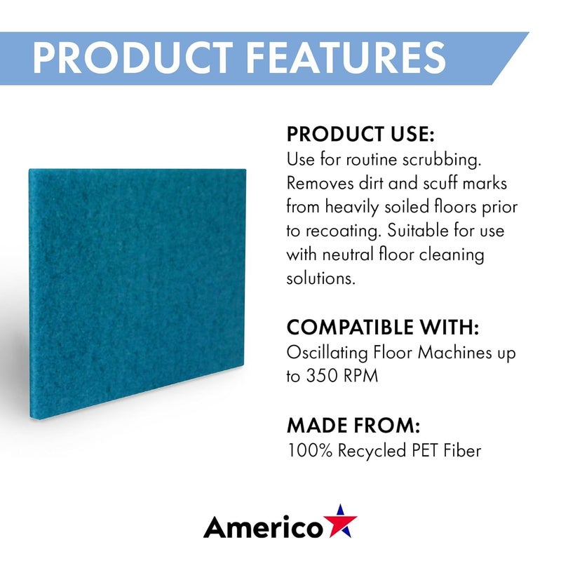 Americo Blue Cleaner Floor Pad, 12"x18", 5 Pads/Case, Machine Cleaner Floor Pads for Medium Scrubbing, Made of 100% Recycled Content, USA Made - Image 4