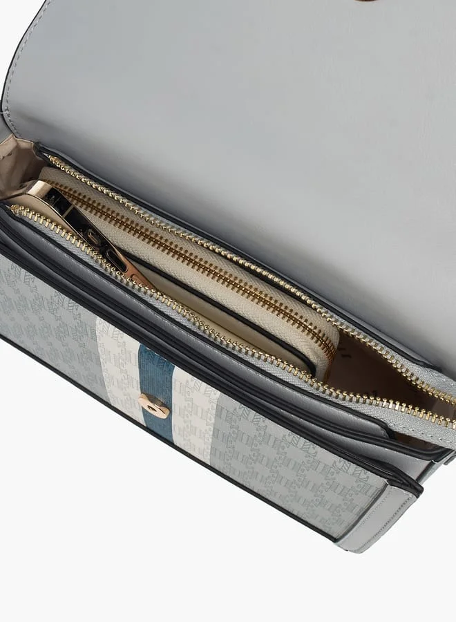 ELLE Womens Monogram Print Crossbody Bag With Button Closure And Adjustable Strap