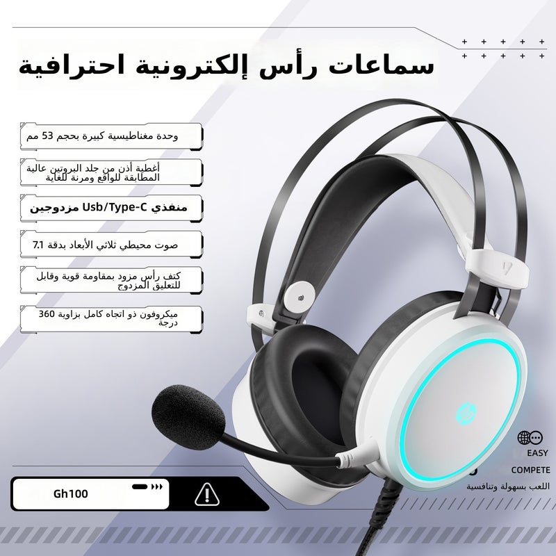 HP GH100 Professional Gaming Headset with USB + Type-C, Deep Bass & Noise Cancellation - Esports Black - Image 2