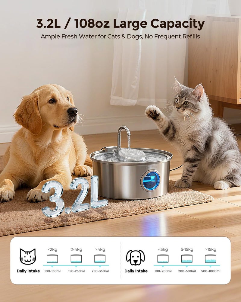 Invengo Cat Water Fountain Stainless Steel, 108oz/3.2L Pet Fountain with Large Water Level Window, Ultra Quiet Automatic Cat Water Dispenser for Cats and Dogs, 2 Flow Modes, Splash-Proof Design - Image 2