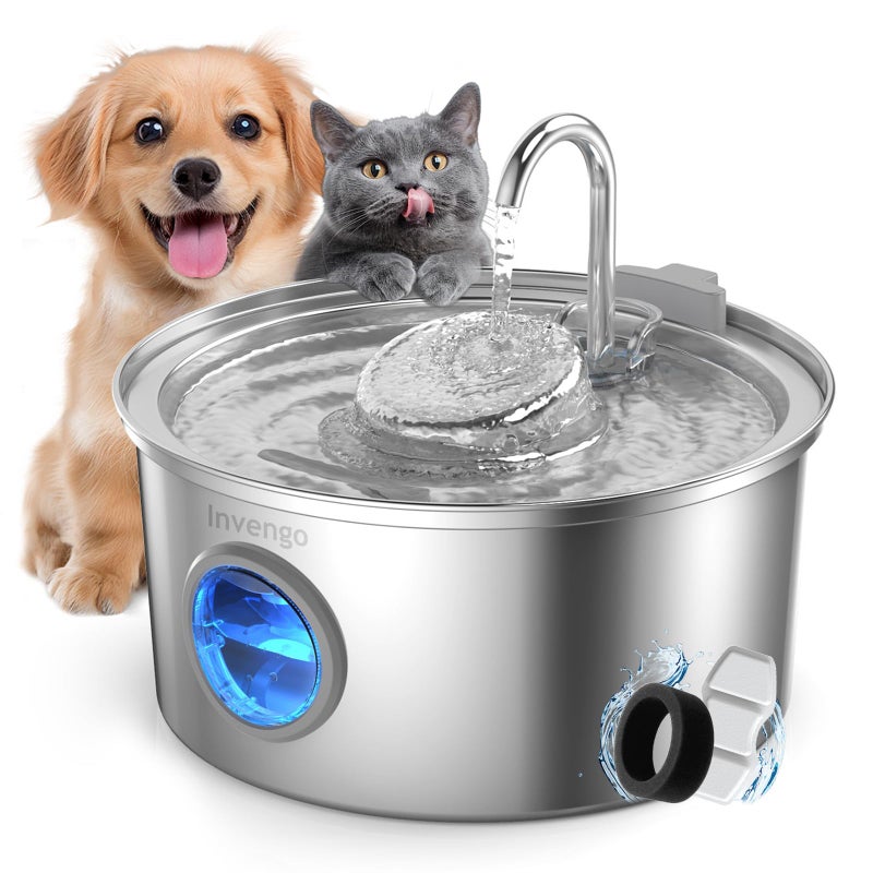 Invengo Cat Water Fountain Stainless Steel, 108oz/3.2L Pet Fountain with Large Water Level Window, Ultra Quiet Automatic Cat Water Dispenser for Cats and Dogs, 2 Flow Modes, Splash-Proof Design - Image 1