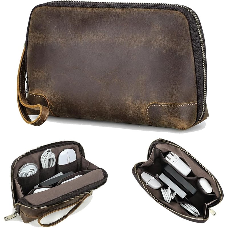 Contacts Crazy Horse Leather Travel Electronic Organizer Cables Chargers Accessories Storage Case Holder Clutch Bag - Image 1