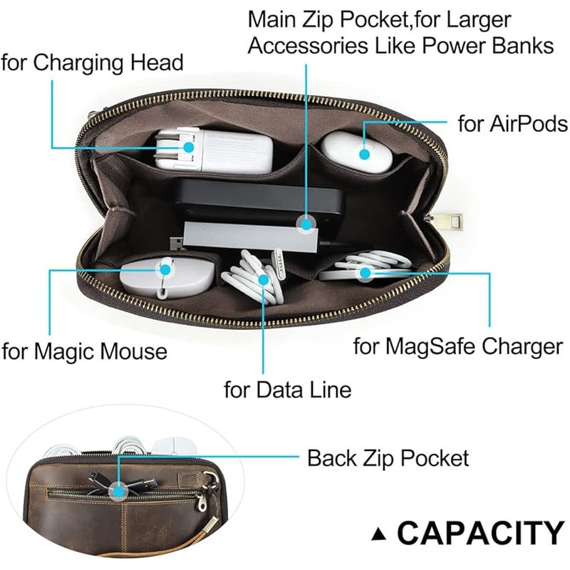 Contacts Crazy Horse Leather Travel Electronic Organizer Cables Chargers Accessories Storage Case Holder Clutch Bag - Image 4