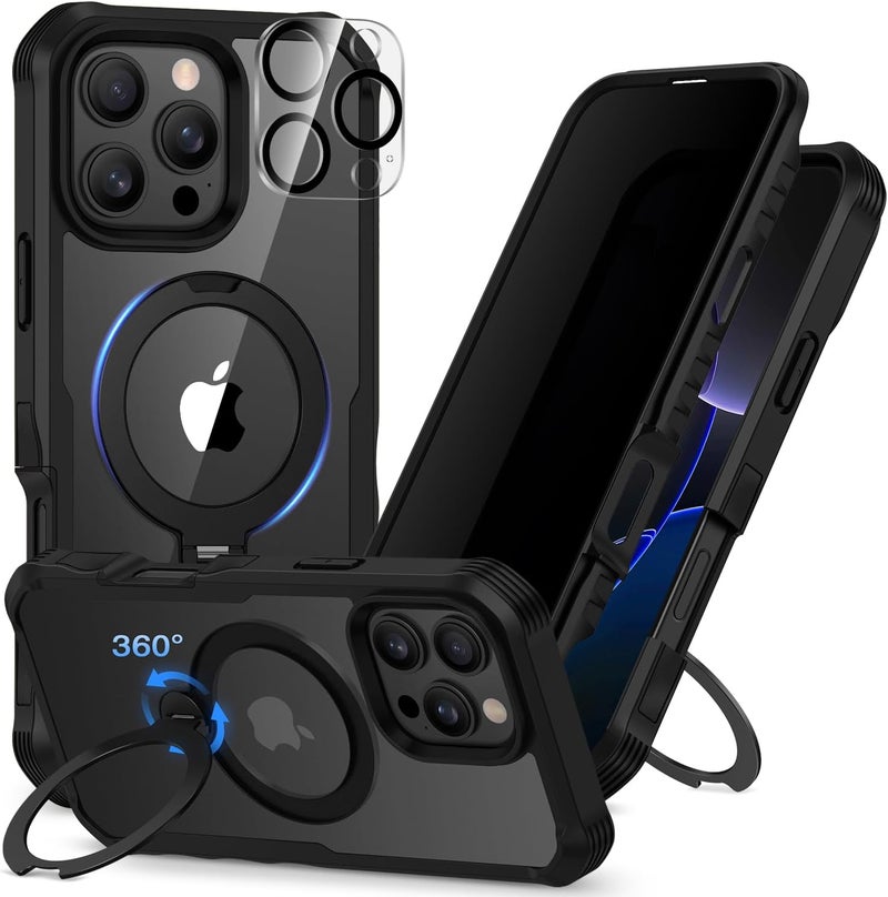 CENHUFO Compatible with iPhone 16 Pro Max Case Built-in Privacy Screen Protector with Camera Lens Protector, Clear Back Cover with 360° Spin Magnetic Stand for iPhone 16 Pro Max Privacy Case -Black Long lifespan - Image 1