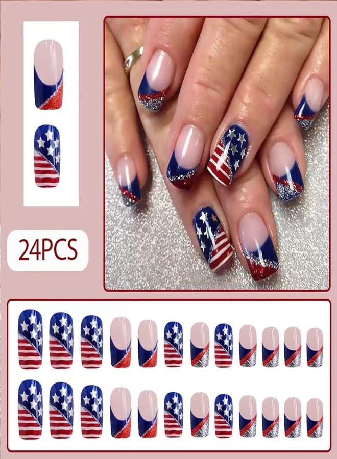 WAFOLOZE 4th of July Nails - Fourth of July Press On Nails Short Square Fake Nail with American Flag Glitter Design, Acrylic Artificial False Press Ons Stick On Nails for Women - Image 2