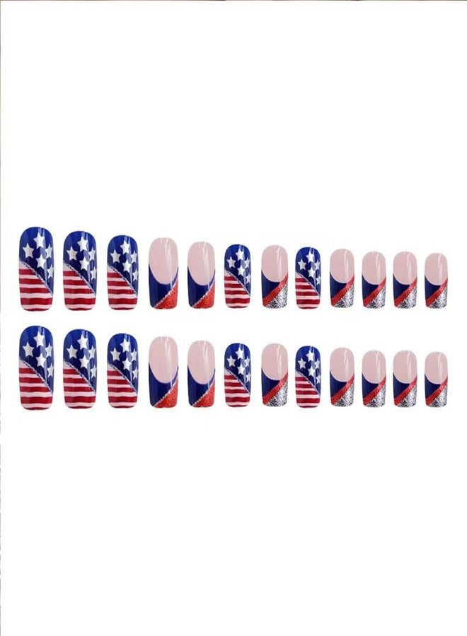 WAFOLOZE 4th of July Nails - Fourth of July Press On Nails Short Square Fake Nail with American Flag Glitter Design, Acrylic Artificial False Press Ons Stick On Nails for Women - Image 3