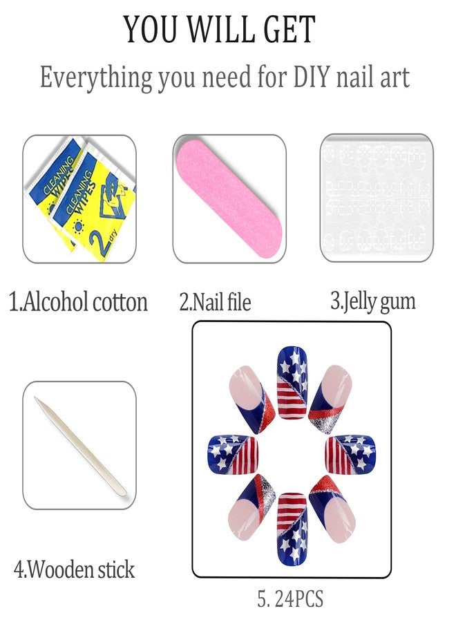 WAFOLOZE 4th of July Nails - Fourth of July Press On Nails Short Square Fake Nail with American Flag Glitter Design, Acrylic Artificial False Press Ons Stick On Nails for Women - Image 5