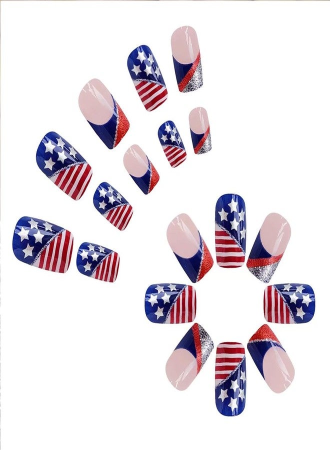 WAFOLOZE 4th of July Nails - Fourth of July Press On Nails Short Square Fake Nail with American Flag Glitter Design, Acrylic Artificial False Press Ons Stick On Nails for Women - Image 4