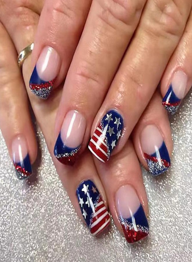 WAFOLOZE 4th of July Nails - Fourth of July Press On Nails Short Square Fake Nail with American Flag Glitter Design, Acrylic Artificial False Press Ons Stick On Nails for Women - Image 1