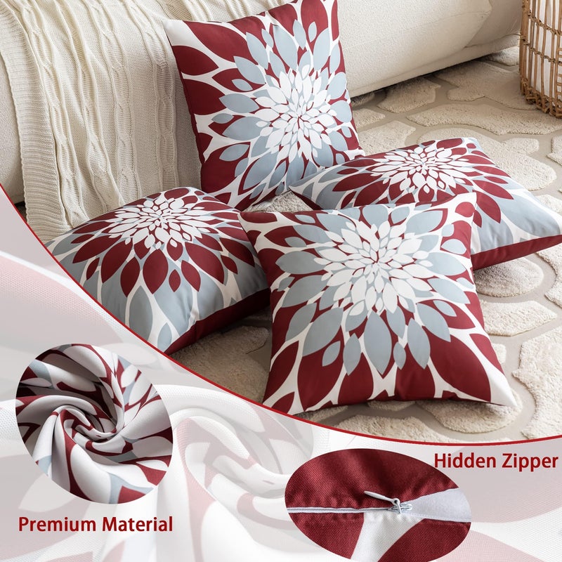 Qahing Pack of 4 Outdoor Waterproof Pillow Covers 18x18 Decorative Outdoor Throw Pillows Garden Square Cushion Cases for Patio Furniture, Couch, Tent Sunbrella, Bench, Burgundy Red Grey - Image 5