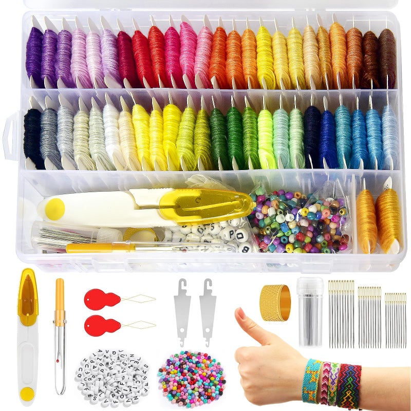 400Pcs Friendship Bracelet String Kit String Bracelet Making Kit with 50 Skeins Embroidery Floss Cross Stitch Thread 400Pcs Friendship Bracelet Beads 37Pcs Embroidery Tools and Storage Box