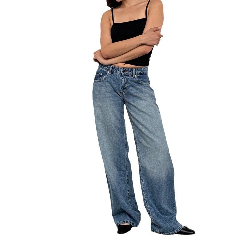 Women's Low-Rise Washed Straight-Leg Non-Stretch Denim Jeans, Full Length Vintage Street Style - Image 5