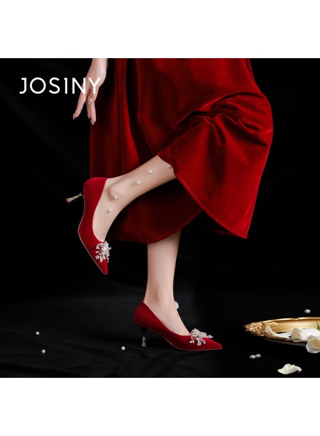 Josiny Zhuoshini High Heels Rhinestone Wedding Shoes, New Women's Shoes, Comfortable Spring And Summer French Pointed Toe Bridal Shoes, Red, Size 36 - Image 3