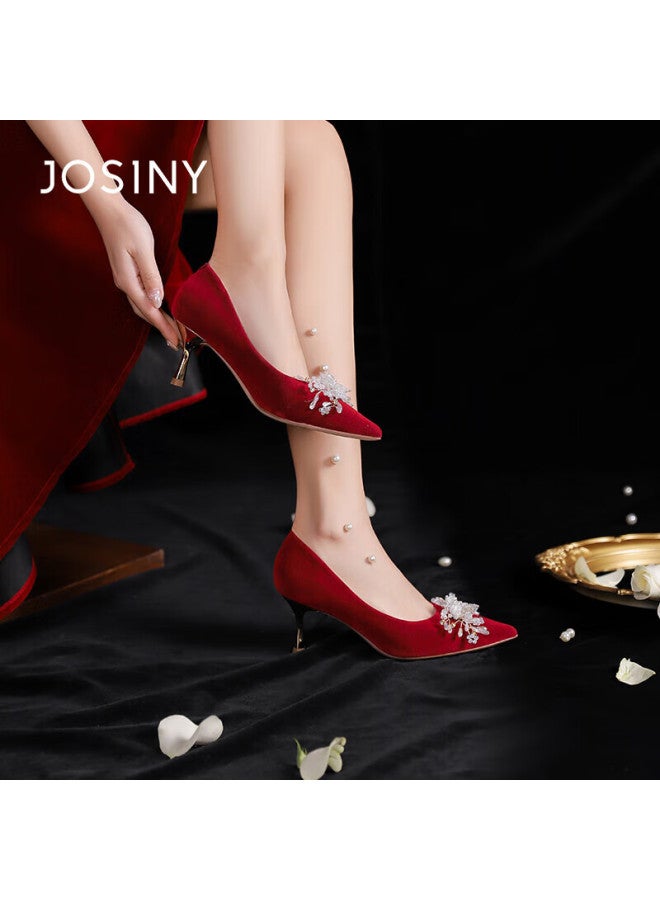 Josiny Zhuoshini High Heels Rhinestone Wedding Shoes, New Women's Shoes, Comfortable Spring And Summer French Pointed Toe Bridal Shoes, Red, Size 36 - Image 2