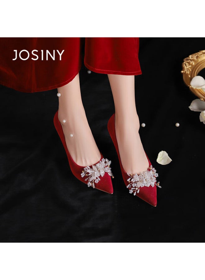 Josiny Zhuoshini High Heels Rhinestone Wedding Shoes, New Women's Shoes, Comfortable Spring And Summer French Pointed Toe Bridal Shoes, Red, Size 36 - Image 1