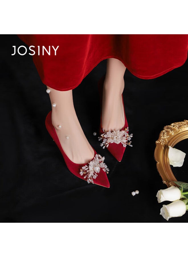 Josiny Zhuoshini High Heels Rhinestone Wedding Shoes, New Women's Shoes, Comfortable Spring And Summer French Pointed Toe Bridal Shoes, Red, Size 36 - Image 4
