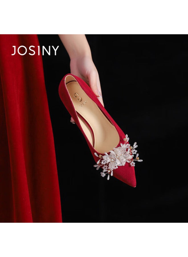 Josiny Zhuoshini High Heels Rhinestone Wedding Shoes, New Women's Shoes, Comfortable Spring And Summer French Pointed Toe Bridal Shoes, Red, Size 36 - Image 5