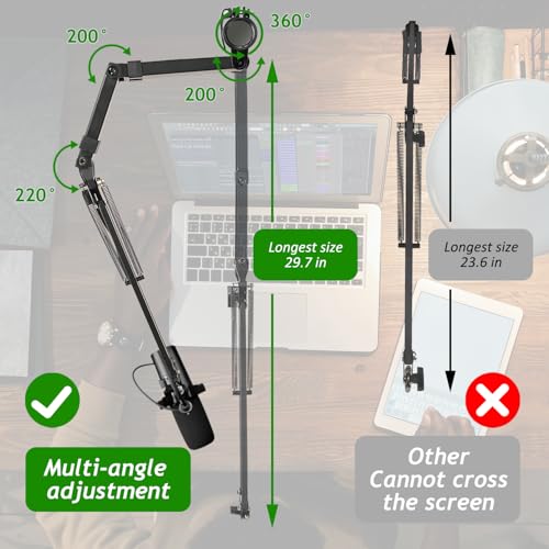 Frgyee Mic Boom Arm, Adjustable Height Overhead Microphone Stand with Heightened Extension Riser for Shure SM7B Blue Yeti HyperX QuadCast S and other Mic - Image 5