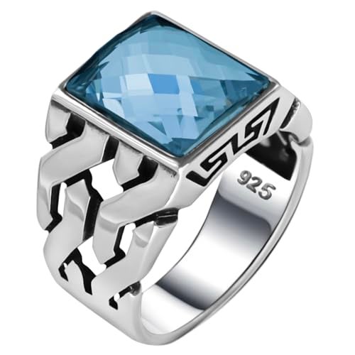 Babylon Silver Men's Solid Genuine 925 Sterling Silver Ring Simulated Blue Aquamarine Handmade Cuban Link Chain Motif Braided Ring (Simulated Aquamarine, 11) - Image 1