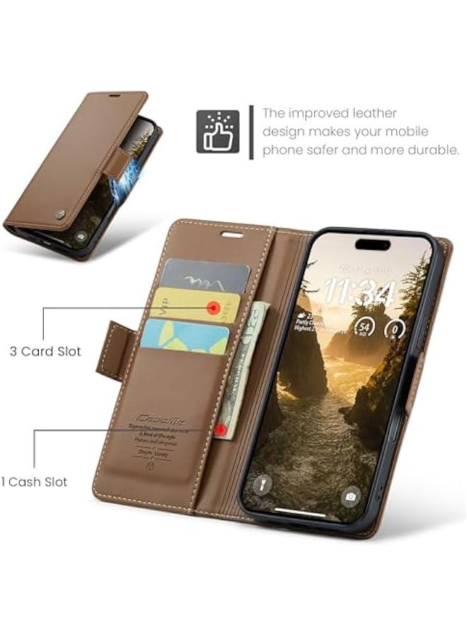 Brown PU Leather RFID Blocking Wallet Case for iPhone 16 with Credit Card Holder, Folio Flip Kickstand and Magnetic Clasp – Protective Phone Cover for Men Women, 6.1 Inch - Image 3