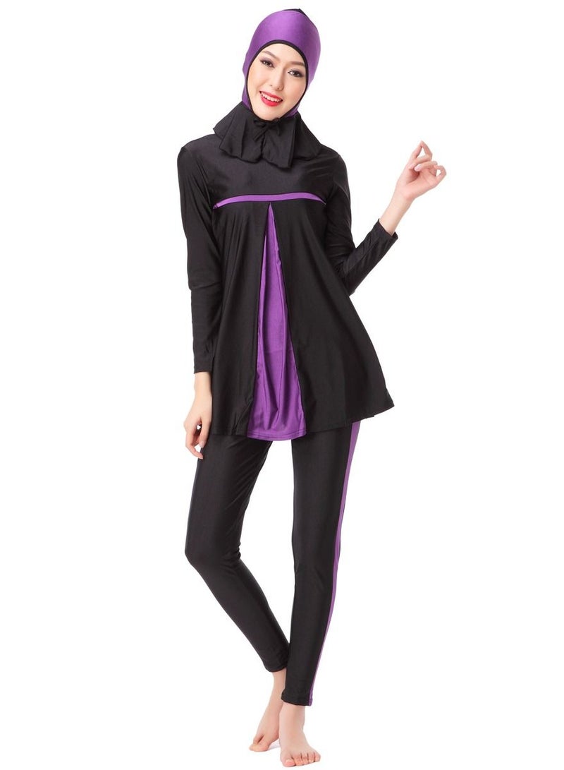 Loquat 3-Piece Conservative Sun Protection Swimwear Set Long Sleeve Burkini Swimsuit Set Black/Purple - Image 1