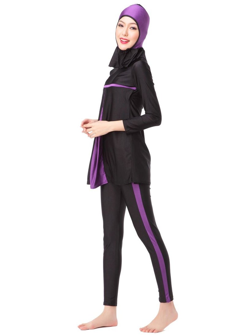 Loquat 3-Piece Conservative Sun Protection Swimwear Set Long Sleeve Burkini Swimsuit Set Black/Purple - Image 2