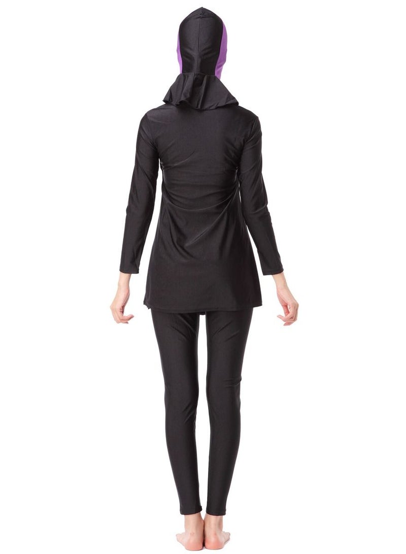 Loquat 3-Piece Conservative Sun Protection Swimwear Set Long Sleeve Burkini Swimsuit Set Black/Purple - Image 3