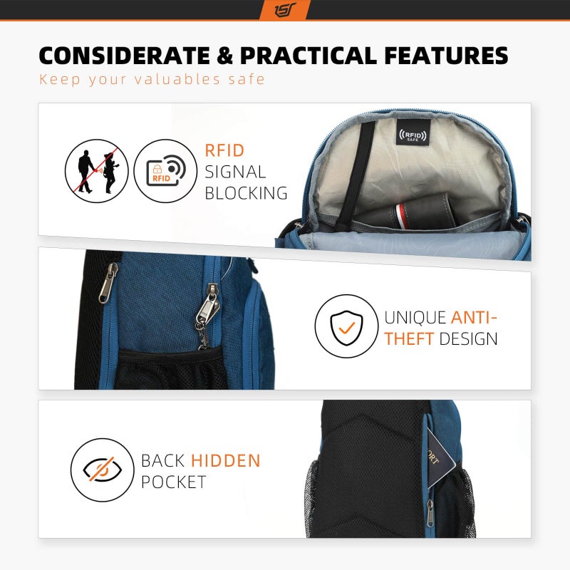 SKYSPER Sling Bag RFID Crossbody Sling Backpack Cross Body Shoulder Bag Travel Hiking Daypack for Women Men(Blue) - Image 3