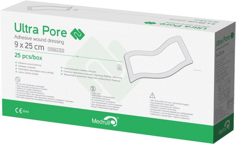 MEDRULL Ultra Pore Sterile Adhesive Wound Dressing Plaster 25 Pieces, 25cm Length x 9cm Width - Image 1