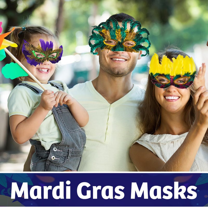 Bedwina Mardi Gras Masks - (Pack of 12) Feather Mardi Gras Decorations for Women, Men and Kids, Bulk Carnival Masquerade Mask Costume Party Supplies, - Image 3