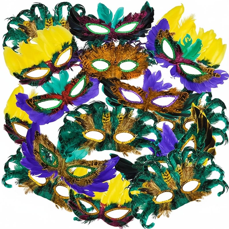 Bedwina Mardi Gras Masks - (Pack of 12) Feather Mardi Gras Decorations for Women, Men and Kids, Bulk Carnival Masquerade Mask Costume Party Supplies, - Image 1