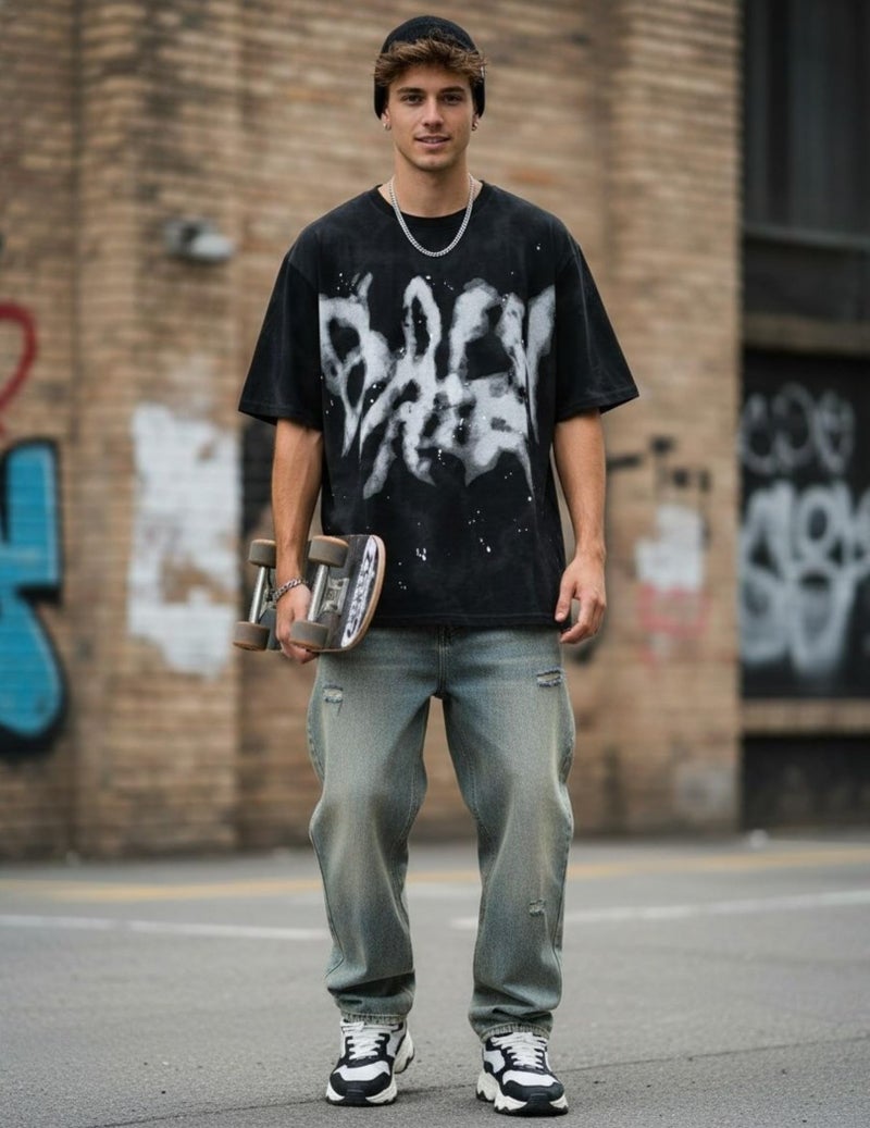 Vamtac Mens Oversized Graphic Tees Y2k Vintage Washed Graffiti Tie Dye Short Sleeve Shirts Streetwear Tops Unisex Black M - Image 2