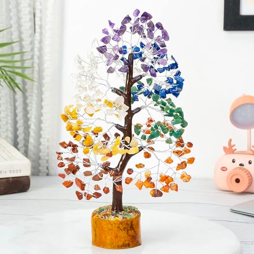 Crocon Seven Chakra Gemstone Tree Figurine Money Bonsai Good Luck Reiki Healing Crystals Showpiece Decoration Wealth Prosperity Table Room Decor Gift Size 10-12" - Image 4